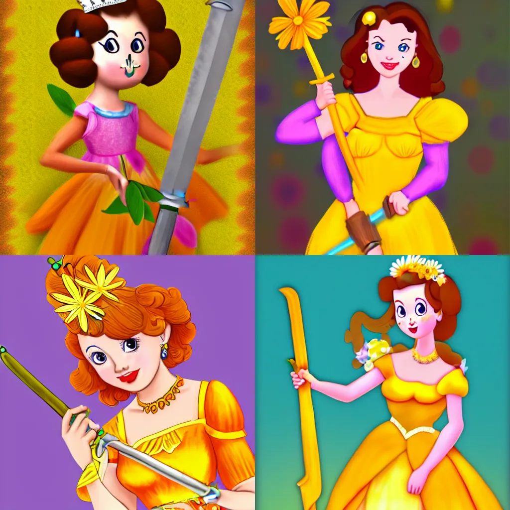 Prompt: Princess Daisy in a yellow and orange dress holding a floral sword, digital image, pastel colors, high quality, 4k, 100lb cardstock