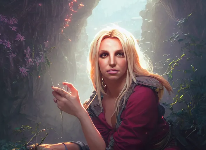 Image similar to highly detailed portrait of britney spears, stephen bliss, unreal engine, fantasy art by greg rutkowski, loish, rhads, ferdinand knab, makoto shinkai and lois van baarle, ilya kuvshinov, rossdraws, tom bagshaw, global illumination, radiant light, detailed and intricate environment