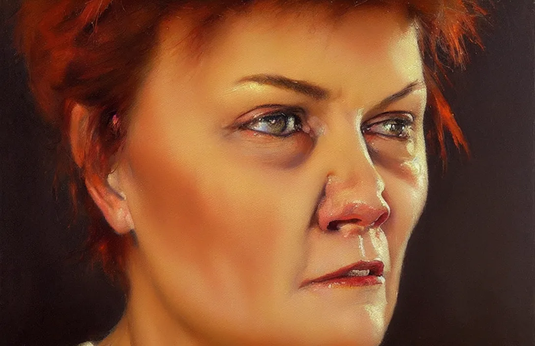 Prompt: portrait of pauline hanson!!!!!!!!!!!!!!!!!!!!!!!!!!!, detailed face, detailed painting, epic lighting, by ilya repin, phil hale and kent williams