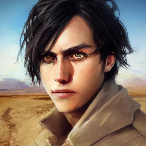 Image similar to hyperrealist eren yeager portrait on a windy desert planet. by daniel f. gerhartz and matt stewart, fantasy, photorealistic, dynamic lighting, bet face, beautiful, perfect factions, trending on artstation, poster, volumetric lighting, very detailed faces, 4 k, award winning