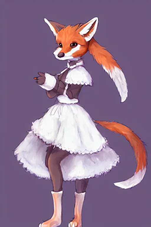 Image similar to a fox fursona!!! with a fluffy tail!!! wearing a maid outfit, highly detailed, digital art, trending on artstation, furry art!!!