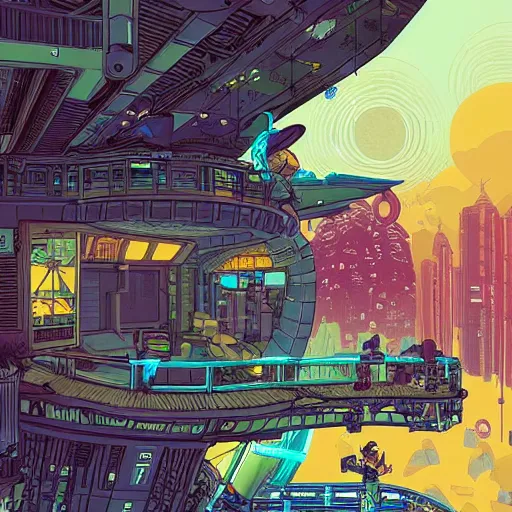 Image similar to explorer with cyberpunk headpiece playing video games in his treehouse, highly detailed, 4k, midnight, by Victo Ngai and James Gilleard , Moebius, Laurie Greasley, adventure time colour palette