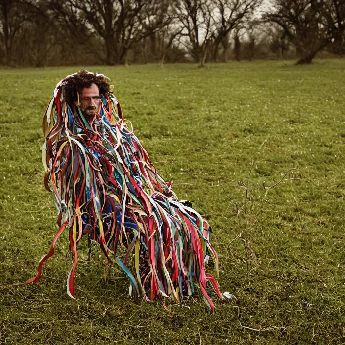 Image similar to closeup portrait of a man with a dress made of ribbons and roots, sitting in a chair in an empty field, by Annie Leibovitz and Steve McCurry, natural light, detailed face, CANON Eos C300, ƒ1.8, 35mm, 8K, medium-format print