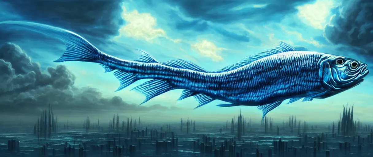 Image similar to hyperrealistic very detailed cyborg fish swimming through puffy clouds above dystopian city matte painting concept art salvador dali alex grey cinematic soft glow lighting high angle hd 8k sharp shallow depth of field