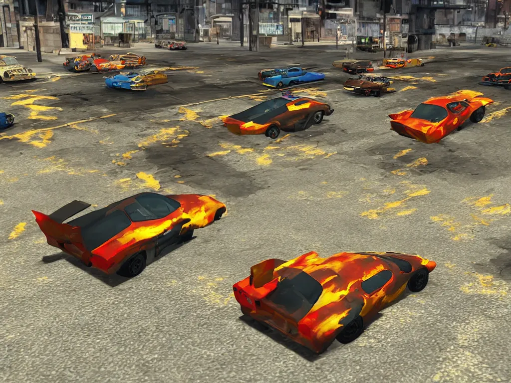 Image similar to PS1 car combat game in the style of Vigilante 8, Twisted Metal, Rogue Trip