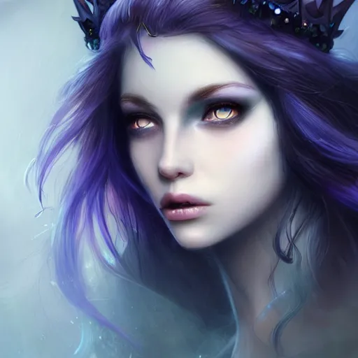 Image similar to detailed portrait of a dark fairy queen , realism, pale blue, emerald, sapphire,dark purple crown,leaves, moonlit, dark fantasy, dramatic lighting, cgsociety, artstation