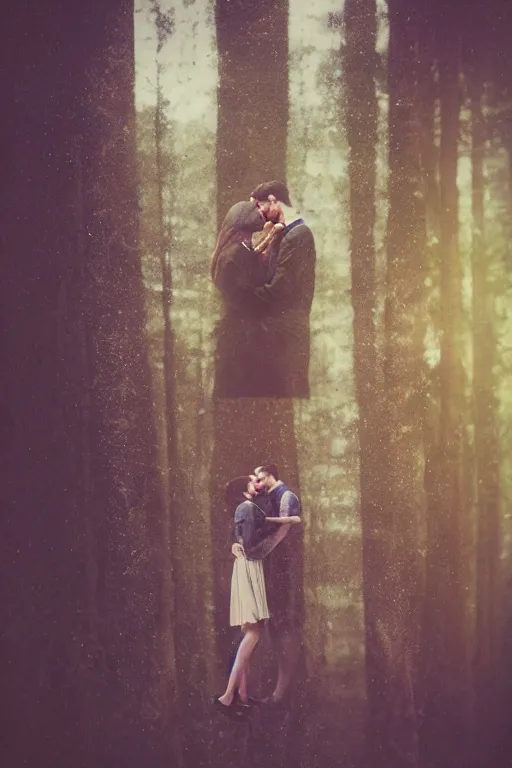 Prompt: film double exposure, a man and a woman kissing in nature, polaroid photo by oleg oprisco, featured on unsplash, romanticism, movie still, uhd image, matte photo, multiple exposure photograph