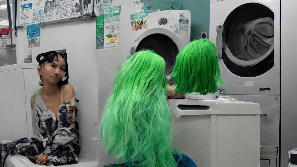 Prompt: a girl with green hair sitting on top of a washing machine in a laundromat in the style of Tsuguharu Fujita