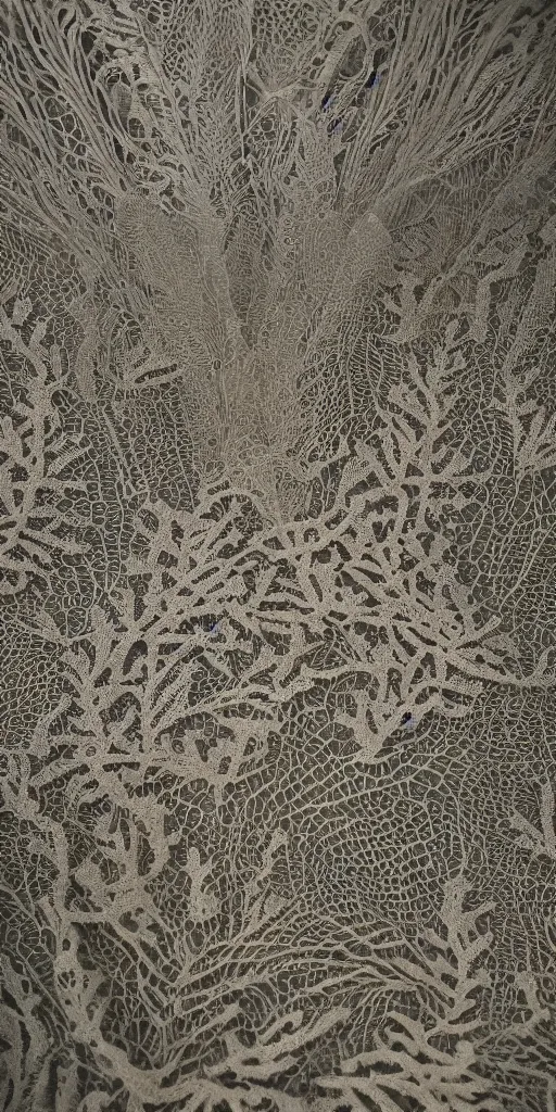 Image similar to a coral reef, made of intricate decorative lace leaf skeleton, in the style of the dutch masters and gregory crewdson, dark and moody