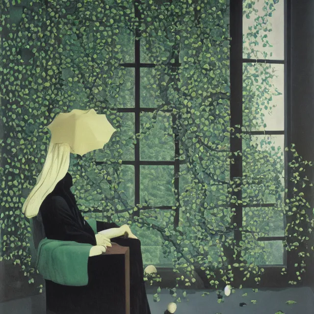 Image similar to a pathology student in her apartment, wrapped in vines, large stones, octopus, black walls, ikebana, black armchair, puddles, moss, acrylic on canvas, surrealist, by magritte and monet