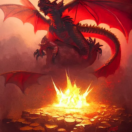 Image similar to red dragon sitting on a hoard of gold, fantasy, dnd, art by greg rutkowski
