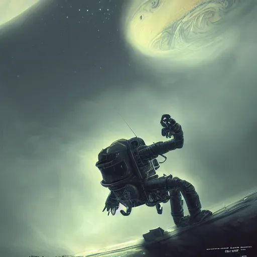 Image similar to dead astronaut falling through the clouds in jupiter, by cedric peyravernay, highly detailed, excellent composition, cinematic concept art, dramatic lighting, trending on artstation