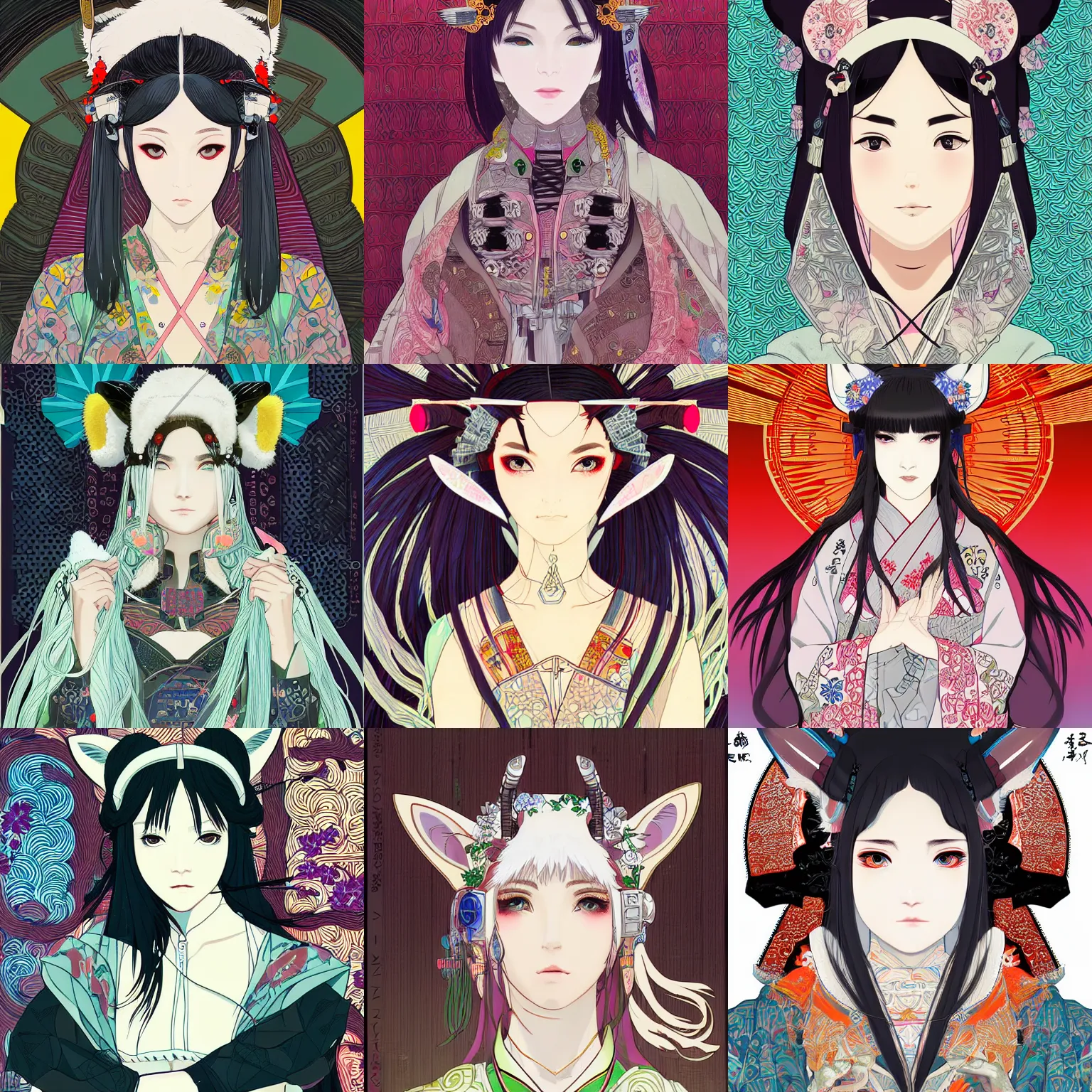 Prompt: cyberpunk kimono princess with white fox ears, beautiful, detailed symmetrical close up portrait, intricate complexity, in the style of kyoto animation key visuals and takato yamamoto and alphonse mucha, cel shaded