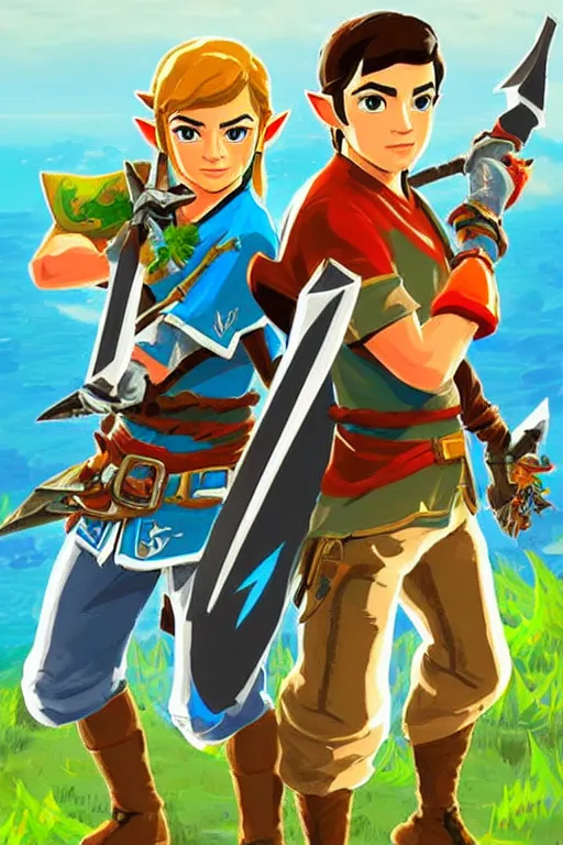 Image similar to an in game portrait of drake and josh from the legend of zelda breath of the wild, breath of the wild art style.