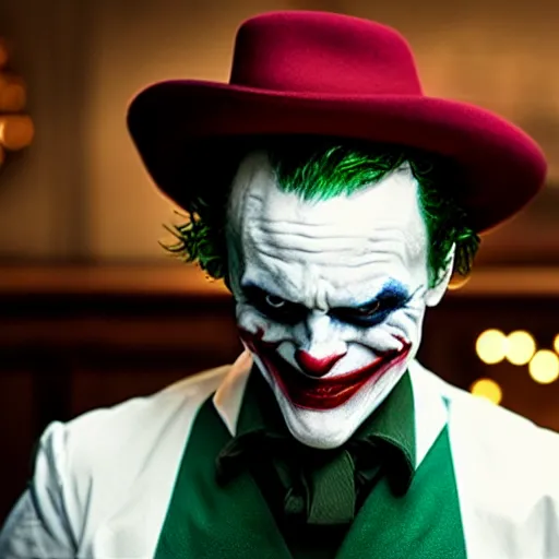 Image similar to cinematic shot of the joker wearing a chef's hat and a white shirt, 8 k, very intricate, very detailed,