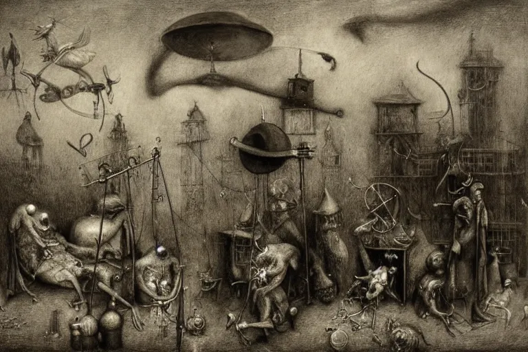 Image similar to plague doctors with rube goldberg machines in the fog by joel peter witkin, heironymus bosch, gustave dore, beksinski