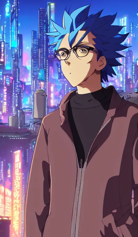 Image similar to anime fine details portrait of Rick Sanchez in front of cyberpunk moder city landscape on the background deep bokeh, close-up view, anime masterpiece by Studio Ghibli. 8k, sharp high quality anime, artstation