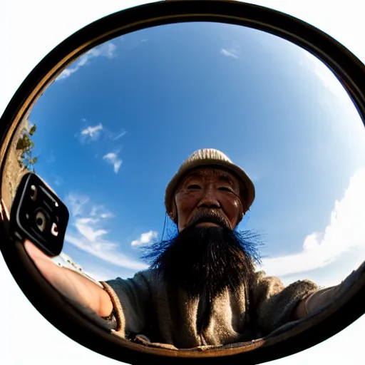 Image similar to Fisheye selfie of an old japanese man with long beard, extreme fisheye