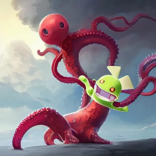 Image similar to a cute beautiful stone - type pokemon with beautiful happy smile, red tentacles bursting out of his hair, full body portrait, highly detailed digital art, 3 d perspective, award - winning illustration, aesthetic, smooth, pokemon style, made by greg rutkowski, with an alien landscape in the background