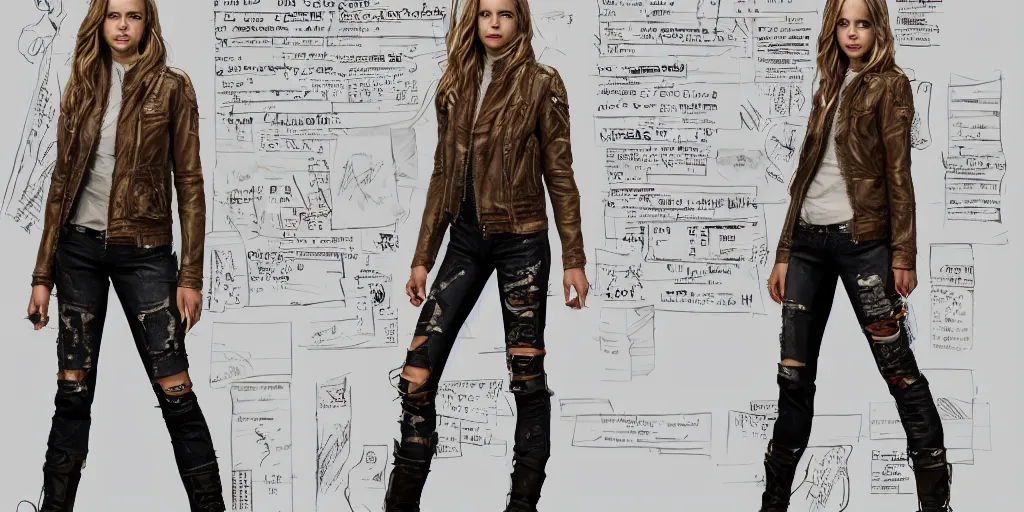 Image similar to halston sage as a tattooed wanderer, wearing scratched and ripped short leather jeans, wearing an aviator jacket with a smiley stamp on its back, character sheet, fine details, props, concept design, contrast, kim jung gi, greg rutkowski, trending on artstation, 8 k, full body, turnaround, front, back, ultra wide angle