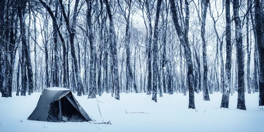 Prompt: survival in a winter forest, cinematic, cold tone, man