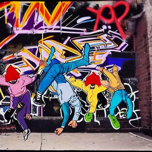 Prompt: four breakdancers battling in the bronx in 1984, by Andy Warhol, gritty, energetic, hyperrealistic, intricate graffiti, Moody lightning, disposable camera, trending on artstation