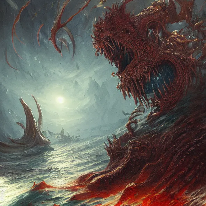 Image similar to sea monster large horror under the ocean d & d, d & d style, trending on artstation, intricate, highly detailed, vivid painting, colorful, art by greg rutkowski