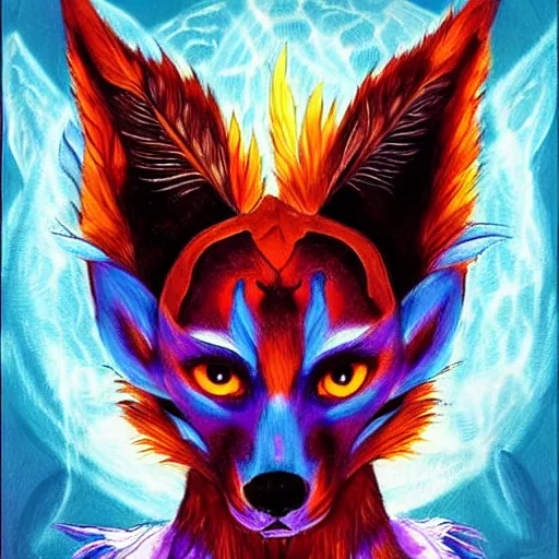 Image similar to a stylized realistic blacklight painting of an avatar of an awesome powerful cosmic horror foxfolk mage with a fox skull for a face with hummingbird feathers for fur themed around death and astronomy, in the style of dnd beyond avatar portraits, beautiful, artistic, elegant, lens flare, magical, lens flare, nature, realism, stylized, art by jeff easley