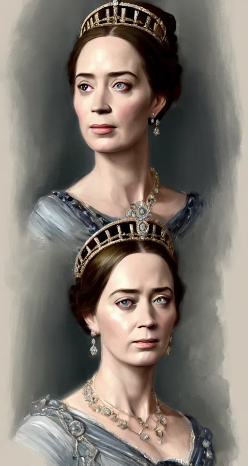 Image similar to portrait of emily blunt as queen victoria, jewelry, greek, sapphire, victorian age, 1 8 9 0, intricate, headshot, key visual, conceptart, ambient lighting, highly detailed, digital painting, artstation, concept art, sharp focus, by makoto shinkai and akihiko yoshida and greg manchess