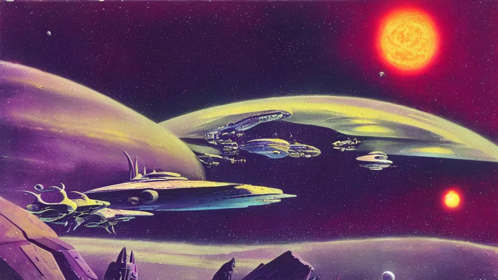 Prompt: spaceship design by paul lehr and jack gaughan and john schoenherr, epic cinematic matte painting