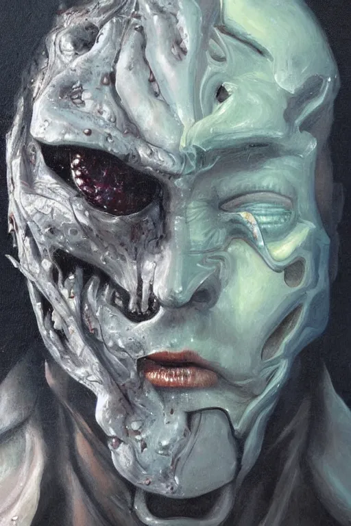 Image similar to oil painting, close-up, hight detailed, melting cyborg had half his face cut off, in style of 80s sci-fi art, neodada