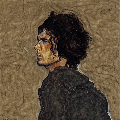 Image similar to portrait of jim morrison by egon schiele in the style of greg rutkowski