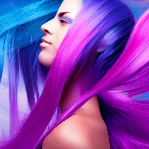 Image similar to a award winning action upper body portrait of a beautiful woman with a ombre purple pink hairstyle with head in motion and hair flying, outrun, vaporware, vivid colors, highly detailed, fine detail, intricate