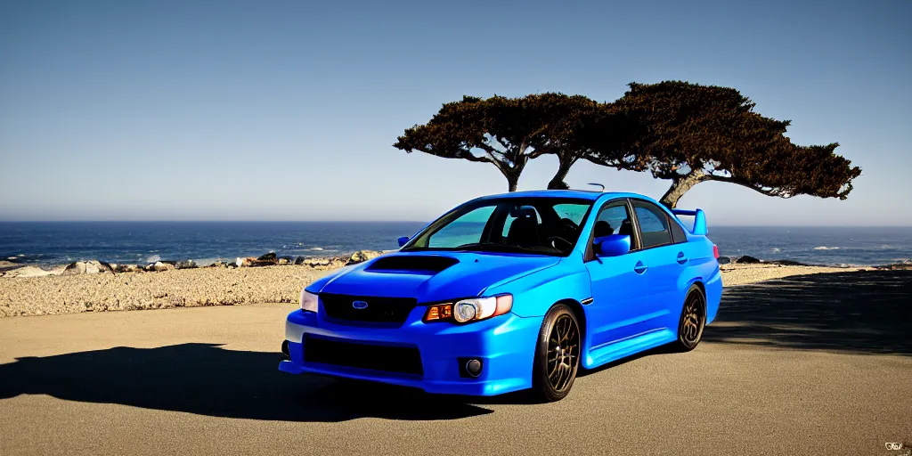 Prompt: photograph, 2007, 2007, 2007 Subaru WRX STi, cinematic, california coast, ocean view, 8k, depth of field, bokeh.