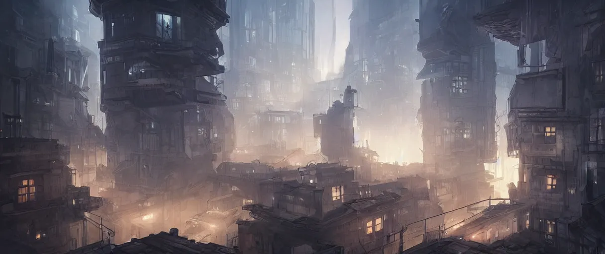 Image similar to dystopian Germany city, concept art, digital painting, style of jordan grimmer, futuristic, volumetric lighting