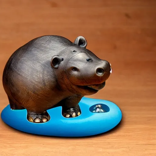 Prompt: a small hippo statue carved from natural wood on the bottom and polished blue resin on the top
