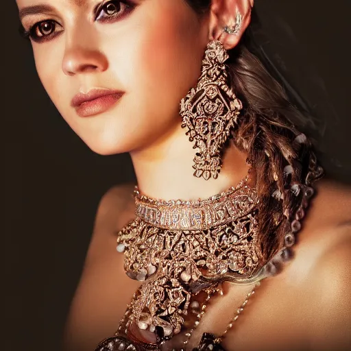 Image similar to portrait of beautiful princess. ornate and intricate jewelry. ethereal background lighting. 4 k. octane render.