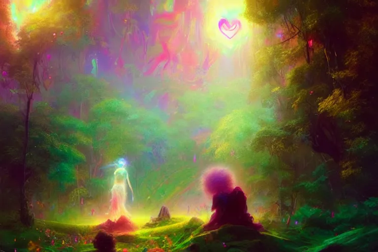 Prompt: a psychedelic realm hidden away in a pocket of ethereal understanding | astral beings sharing love greg rutkowski wlop lisa frank bob ross | ruan jia | illustration