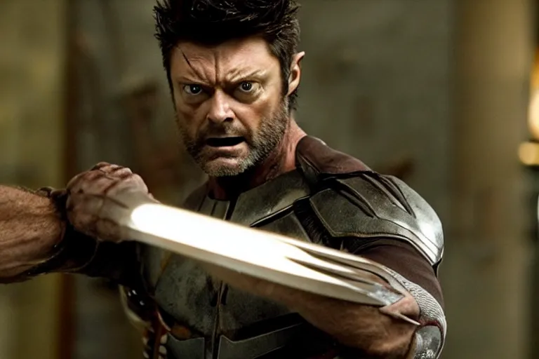 Prompt: film still frame of karl urban as wolverine, beard, wolverine's face, wolverine's claws, adamantium, high quality