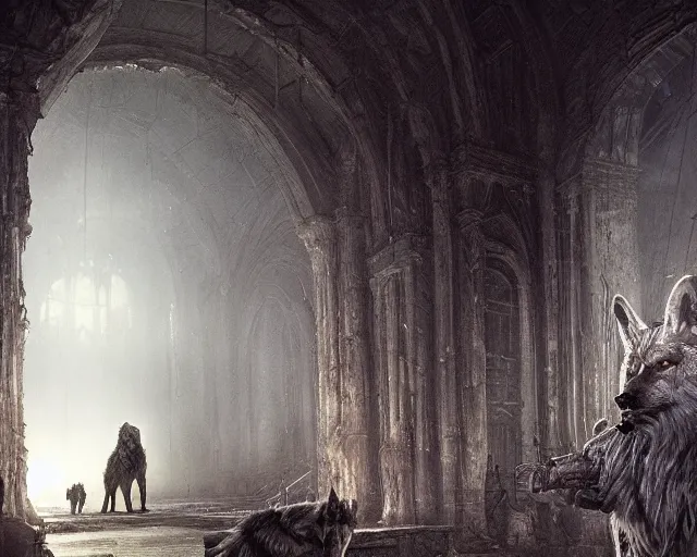 Image similar to king of the wolves - fantasy, inside the king's hall wolves and their treasures, ethereal, ominous, misty, 8 k, by h. r. giger and greg rutkowski