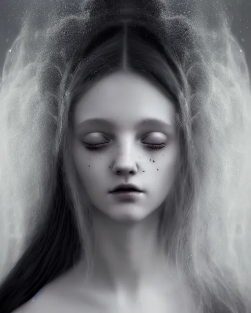 Prompt: monochrome, dreamy, subsurface scattering, white, young beautiful goddess in cosmos with very long white hair floating in air, fluid smoke art, black and white, octane render, dino valls, mark ryden, joe fenton, michal karcz, highly detailed, rim light, art, cinematic lighting, very coherent, hyper realism, 8 k