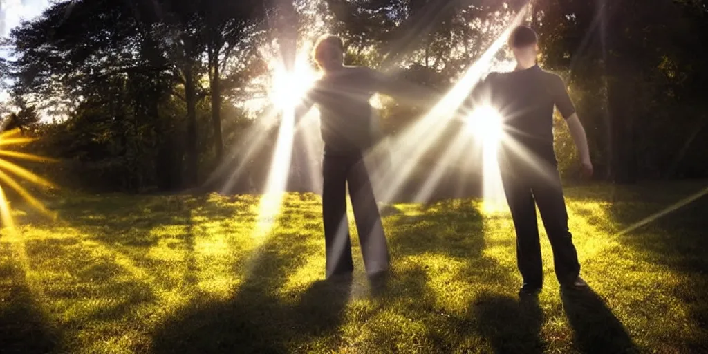 Prompt: a man is levitated by a sunbeam