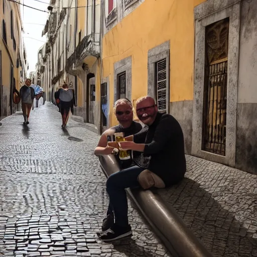 Prompt: 2 people drinking beers in lisbon