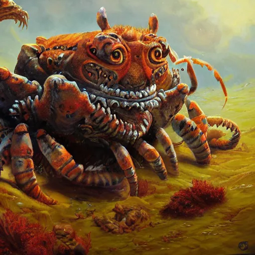 Image similar to tiger - crab creature, oil painting by justin gerard, deviantart