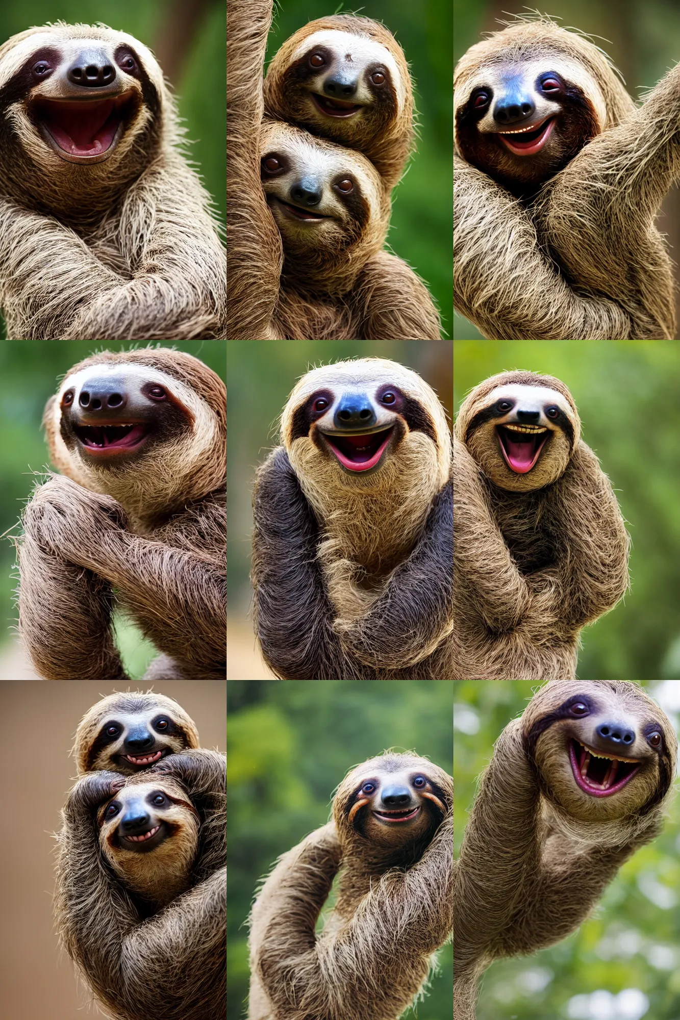 Prompt: photo of a sloth smiling with its mouth wide open!!!!!!!!, showing human teeth!!!!!!!!!!!!!!!!!!, nature photography, bokeh, 2 0 0 mm, f / 2. 8, high quality, 4 k