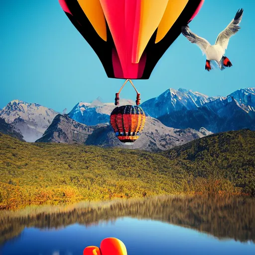 Image similar to photo of two black swans swimming in a beautiful reflective mountain lake, touching heads, forming a heart with their necks, a colorful hot air balloon is flying above the swans, hot air balloon, intricate, portrait, 8k highly professionally detailed, HDR, CGsociety, octane render, 4k