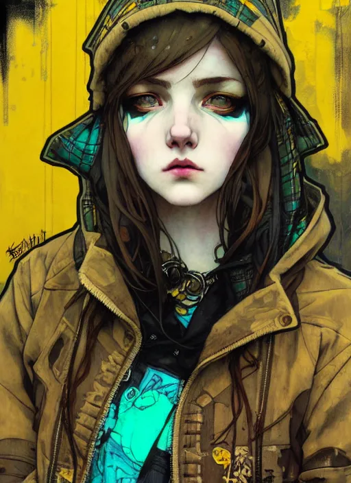 Image similar to highly detailed portrait of a moody sewerpunk young adult lady with a tartan hoody by krenz cushart, by artem demura, by alphonse mucha, by kaethe butcher, gradient yellow, black, brown and cyan color scheme, grunge aesthetic!!! ( ( graffiti tag city background ) )