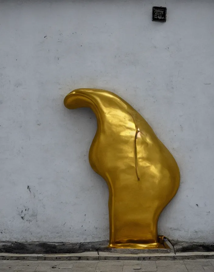 Prompt: vintage color photo of a liquid gold sculpture in a guayaquil alley with white and gray walls, photography by werner herzog