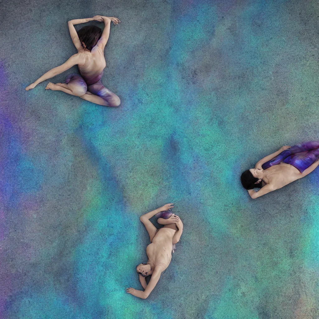 Prompt: overhead view of iridiscent oil slick and eroded stones with a woman's corpses connected by a transparent pipe to a baby buried relaxing on yoga mat, faded, gradient, depth of field, ultra realistic, very detailed, glitch, by nadav kander, 8 k hyper realistic detailed cinematic