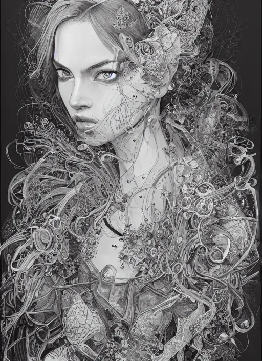 Image similar to the portrait of an unbelievably beautiful, elegant, sensual, and sophisticated young woman, an ultrafine detailed illustration by james jean, intricate linework, bright colors, final fantasy, behance contest winner, vanitas, angular, altermodern, unreal engine 5 highly rendered, ethereal, ominous, detailed and intricate environment